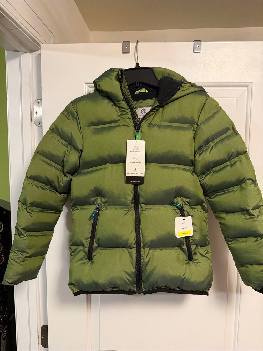 Champion Olive Green Puffer Jacket with Hood for Kids